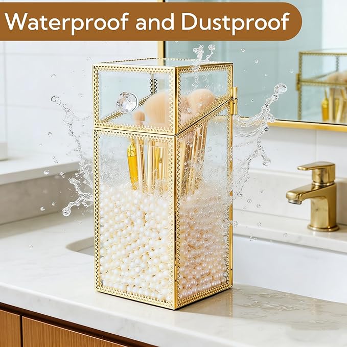 Makeup Brush Holder Organizer with Lid, Glass Cosmetic Make Up Brushes Container, Clear Makeup Tool Storage Box Cup with Pearls, Vintage Dustproof Vanity Decor for Countertop Desktop