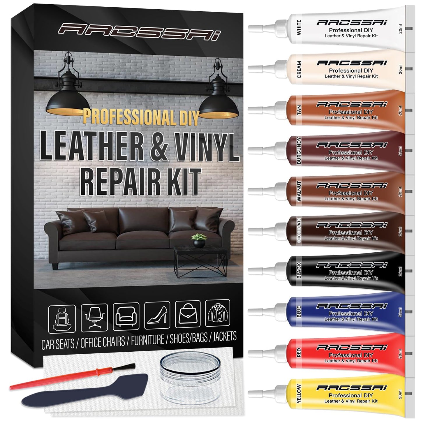 Leather Repair Kit for Furniture, Sofa, Jacket, Car Seats and Purse. Vinyl Repair Kit. Super Easy Instructions to Match Any Color, Restore Any Material, Bonded, Italian, Pleather, Genuine