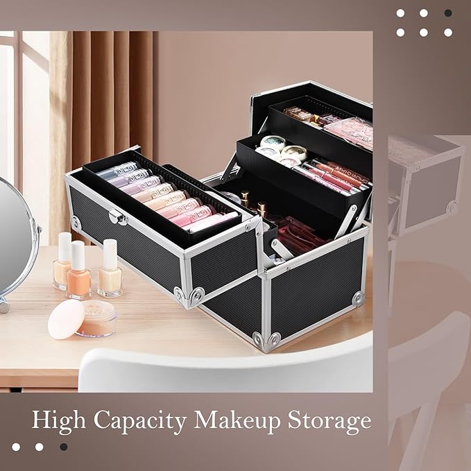 Frenessa Makeup Train Case Cosmetic Organizer Case Professional Makeup Storage Box 4 Trays with Divider Lockable Travel Case Portable Travel Makeup Box for Makeup Artist, Carfter, Cosmetics Black