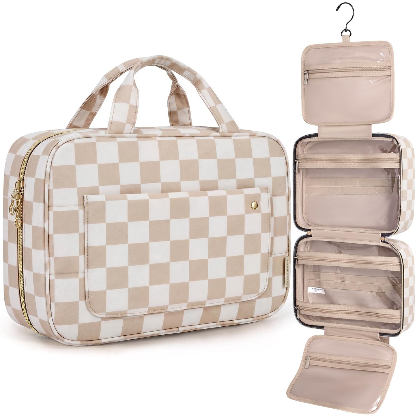 BAGSMART Toiletry Bag Travel Bag with Hanging Hook, Water-resistant Makeup Cosmetic Bag Travel Organizer for Accessories, Shampoo, Full-size Container, Toiletries (Khaki Checkerboard, Medium)
