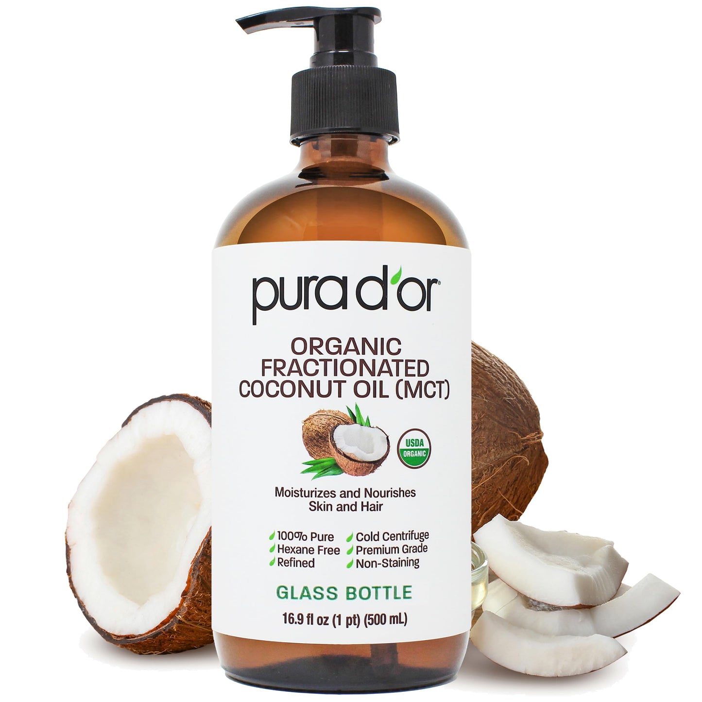 PURA D'OR ORGANIC Fractionated Coconut Oil MCT Oil (16.9 Oz GLASS BOTTLE) 100% Pure & Natural USDA Certified Cold Pressed - Unscented, Hexane Free Moisturizer For Face, Skin & Hair Tonic - Men & Women