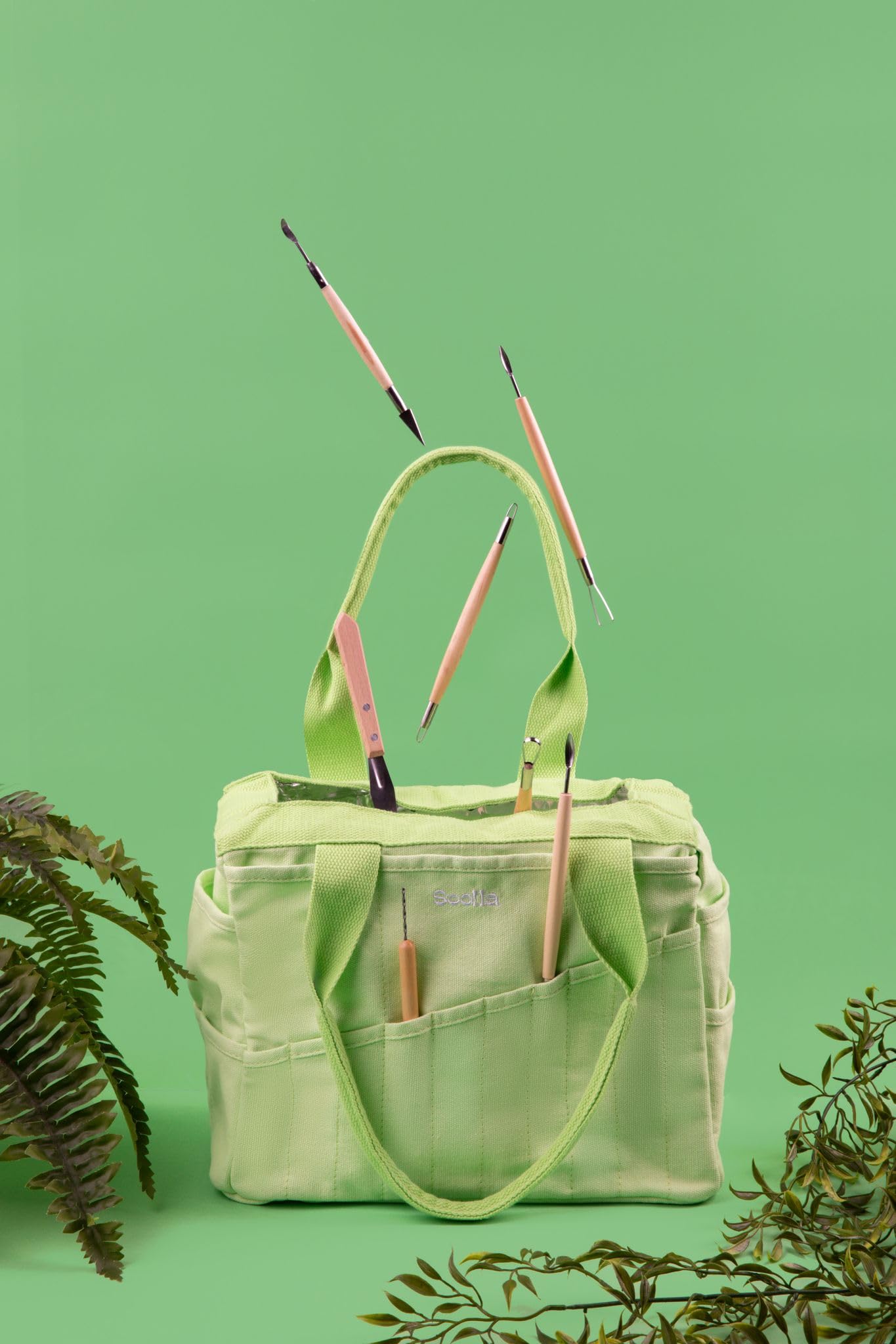 Soolla Studio Bag: Pottery Tool Bag & Craft Storage, Art Supply Organizer, Washable Tote, Knitting Yarn, Crochet Projects, 30 Pockets, 20+ Canvas Colors, Gift For Artists & Teachers (Lime Drip)