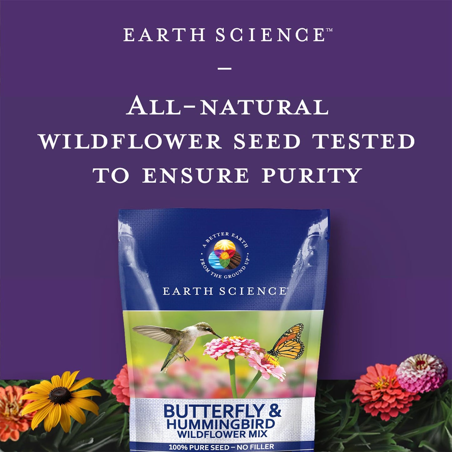 Earth Science Butterfly & Hummingbird Wildflower Seed Blend - 4oz - Premium Flower Seeds to Attract Bees, Butterflies, Hummingbirds & Native Pollinators - Non GMO