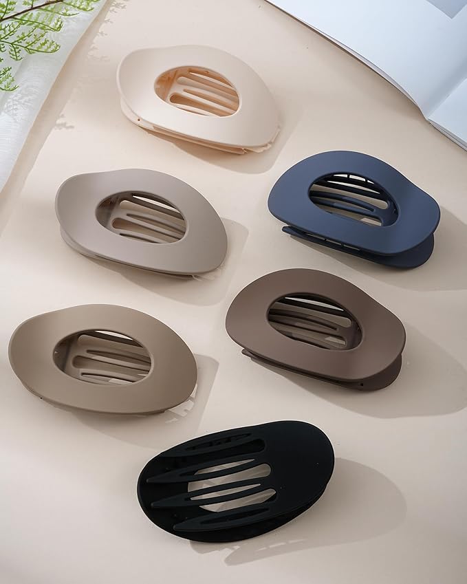 Mesovor 6 Pack Flat Hair Claw Clips, 4.33" Nonslip Large Round Lay Flat Hair Clips | Strong Hold French Flat Hairclips for Lying Down, Yoga, Driving (Brown Matte)