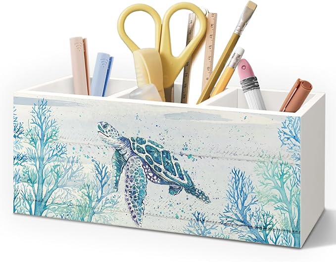Sea Turtle Coastal Pen Holder for Home Office Desk, Beach Office Decor, Beach Turtle Makeup Brush Toothbrush Holder Organizer for Bathroom Desk Accessories
