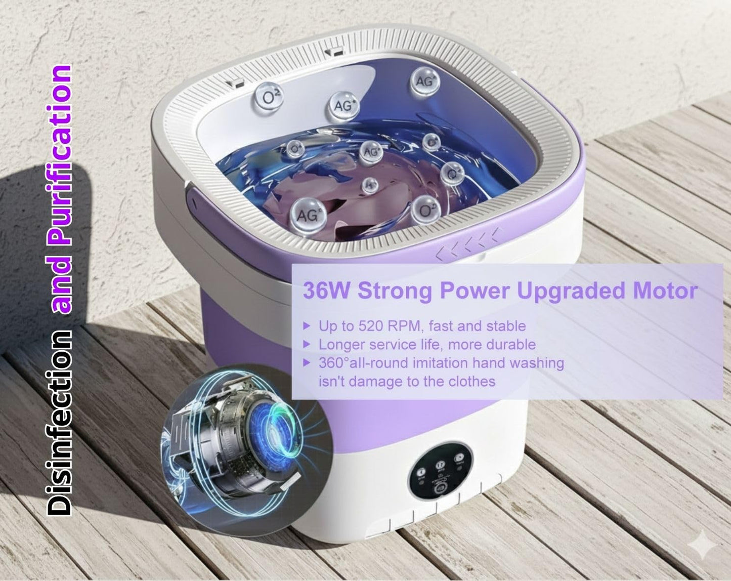 Portable Electric Foldable Mini Washing Machine 16L – Touch Digital Control for Baby Clothes, Underwear, Camping, RV – Spin Function – Purple