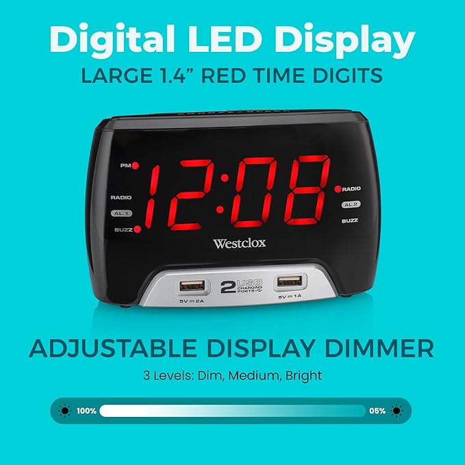 Westclox Large 1.4” Red LED Digital FM Clock Radio with Dual USB A & C Charging Ports, Adjustable Brightness, Dual Alarms & Sleep Timer – Modern Alarm Clock for Bedroom, Home, or Office (Black)
