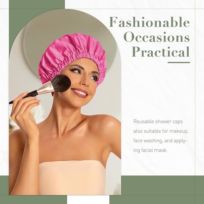 Reusable Shower Cap for Women, Large Waterproof Shower Bonnet with Elastic Band, Washable Bath Hair Cap for Long, Curly Hair, Braids, Daily Shower, Home Spa, Travel(Rose Red)
