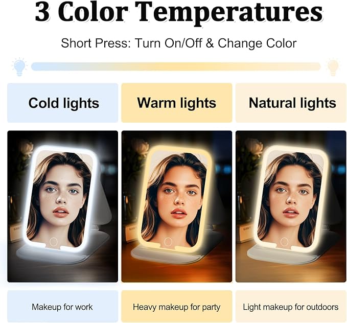 Rechargeable Travel Mirror with Light, LED Makeup Mirror with Lights, Portable Vanity Mirror with 3 Color Lighting, Touch Dimmable Lighted Cosmetic Mirror, Travel Essentials (Gray)