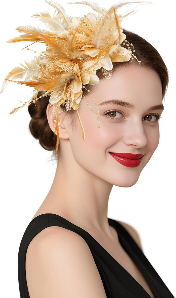 Womens Fascinators Hats Tea Party Hats for Women, Feather Pearl Veil Headband for Wedding Cocktail Dresses Accessories