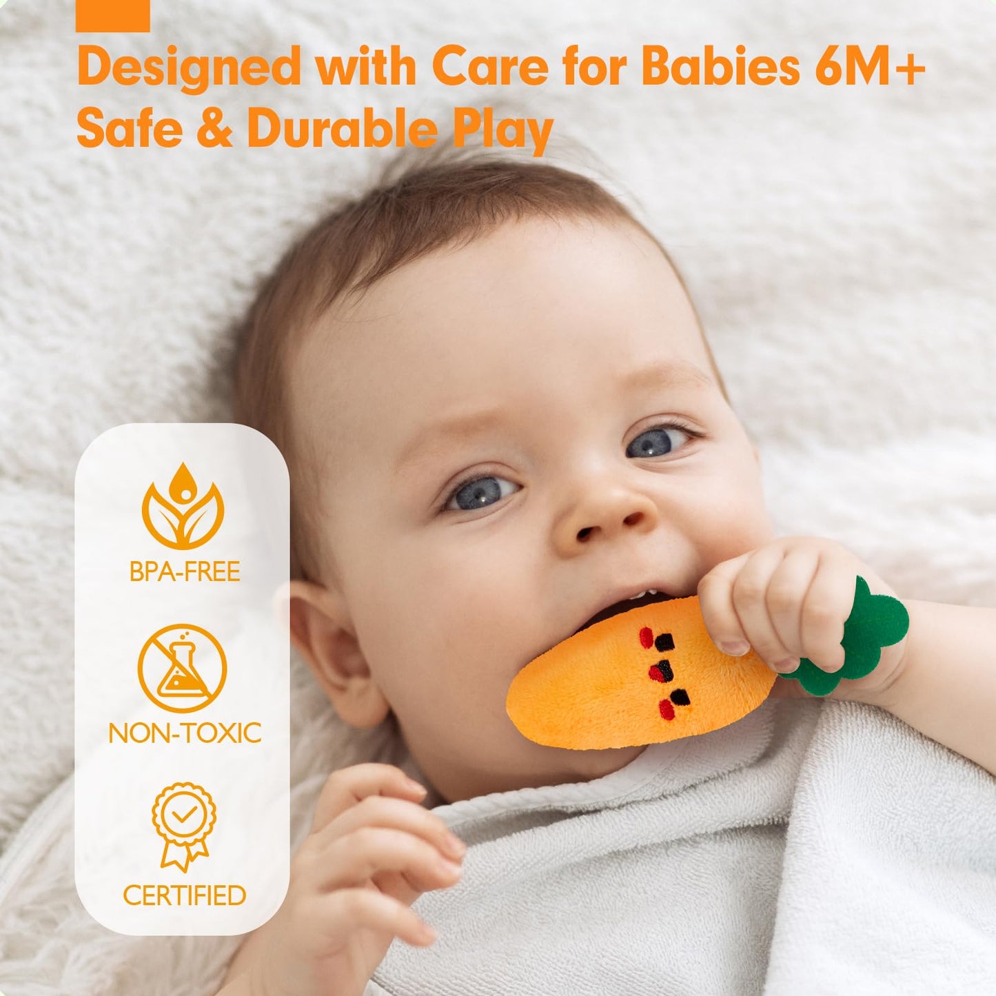 hahaland Baby Toys 6-12 Months - Fruits Vegetables Garden Plant Plush - 6 Month Old Toys Montessori Sensory Toy Carrot Flower with Rattles Mirror Squeaker Textures Crinkle Tissues Christmas Baby Gifts