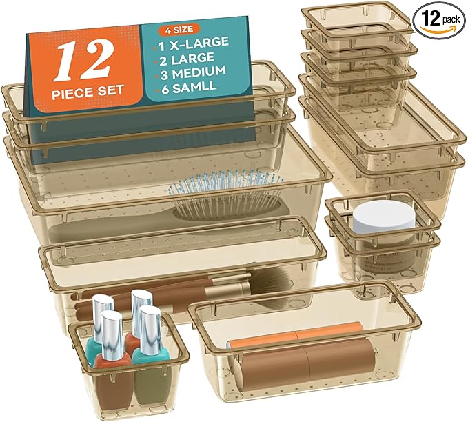 12 PCS Drawer Organizer Set, 4 Sizes Tool Storage Trays, Clear Plastic Makeup Vanity Organizer and Storage Bins for Stationeries, Multiple Gadgets for Office, Bedroom, Champagne