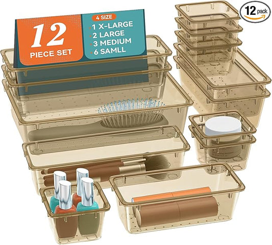 12 PCS Drawer Organizer Set, 4 Sizes Tool Storage Trays, Clear Plastic Makeup Vanity Organizer and Storage Bins for Stationeries, Multiple Gadgets for Office, Bedroom, Champagne