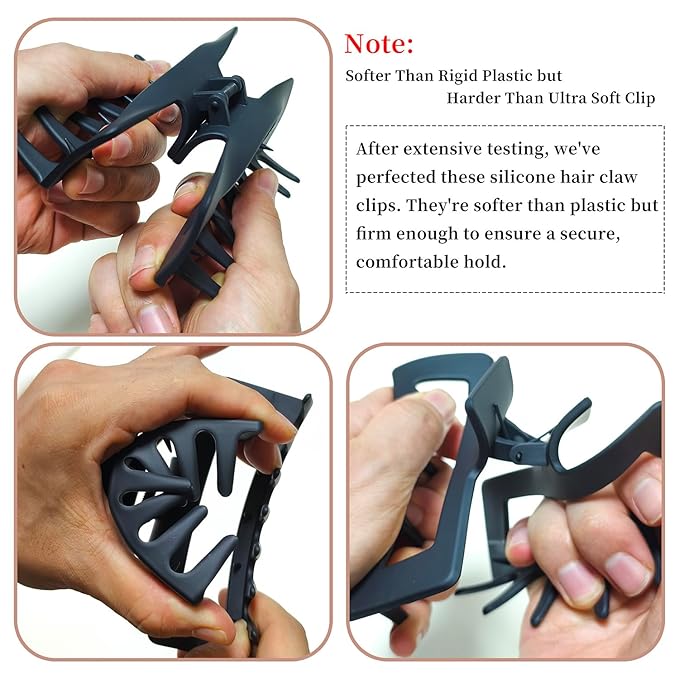 5 Inch Hair Claw Clips Unbreakable Bendable Silicone Big Rectangle Clip for Thick Hair Women, 3 Pack Black