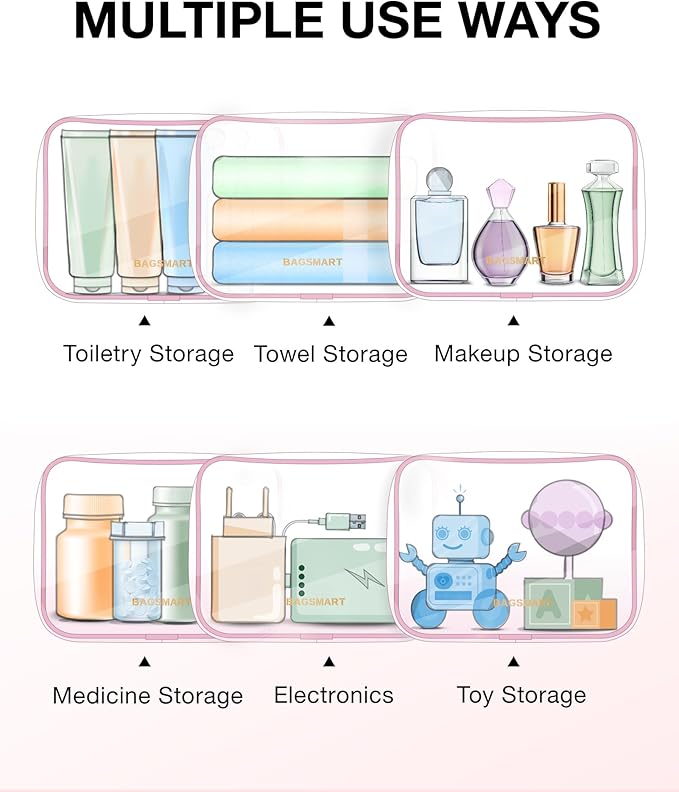 BAGSMART Clear Toiletry Bag, TSA Approved Travel Toiletry Bag Carry On Travel Accessories Bag Airport Airline Quart Size Bags water-resistant Makeup Bag for Women