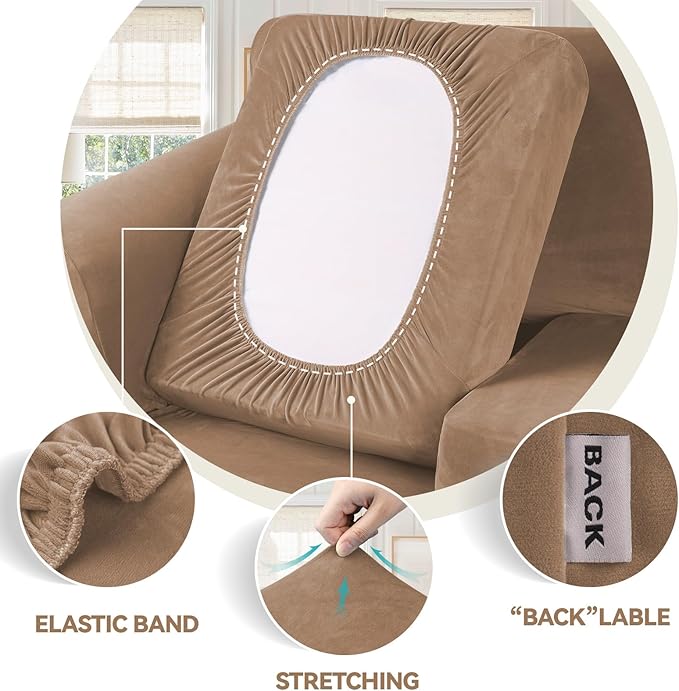 WEERRW 4 Pieces Polyester and Spandex High Stretch Couch Covers for 3 Cushion Couch Sofa Slipcovers, Furniture Protector with Non Slip Elastic Bottom, Feature Soft and Thick Plush Fabric, Camel, Large