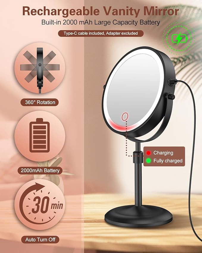 Benbilry Lighted Makeup Mirror with 10X Magnification & 3 Color Lights, Adjustable Brightness & Height, 7 Inch 360° Swivel Rechargeable LED Magnifying Make Up Vanity Mirror with Lighting (Black)
