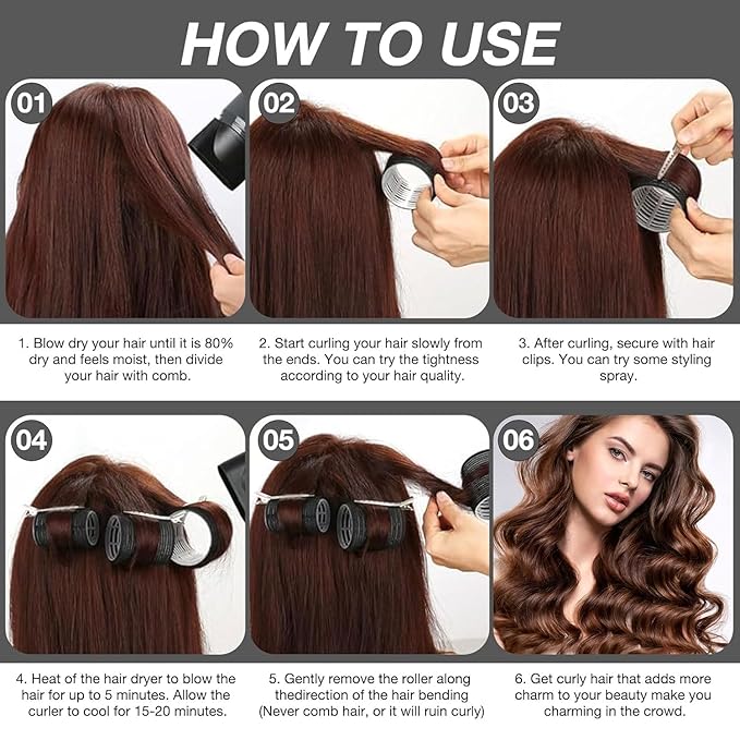 66 Pcs Hair Rollers for Women, Rollers Hair Curlers, 24 Pcs in 4 Sizes(60/48/36/25 Mm) with 40 Stainless Steel Clips, Self Grip Holding Rollers for Hair, Long, Medium, Short, Storage Bag, Comb