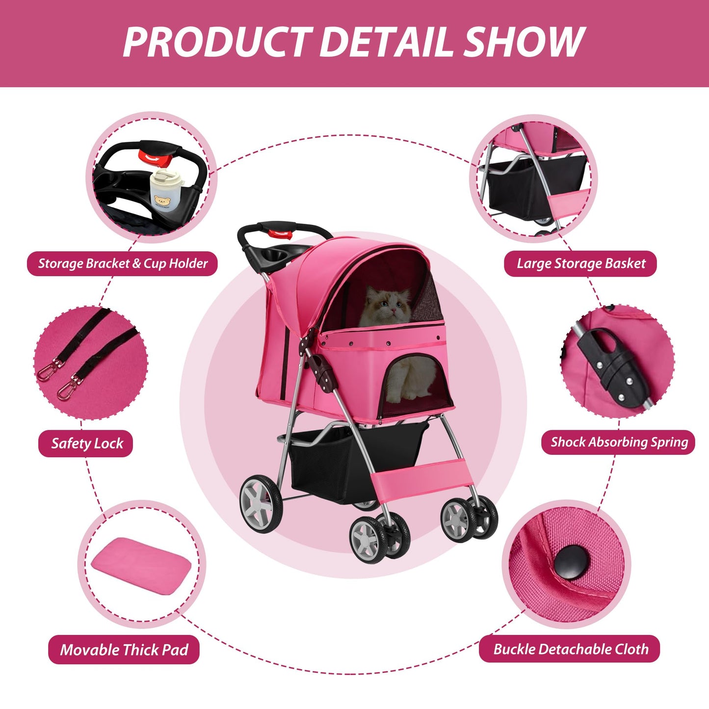 Unisakey 4 Wheels Pet Stroller for Small Medium Dogs Cats 10-33 lbs, Foldable Dog and Cat Stroller with Cup Holder & Storage Basket & Breathable Mesh, Pet Strolling Cart for All-Season, Pink