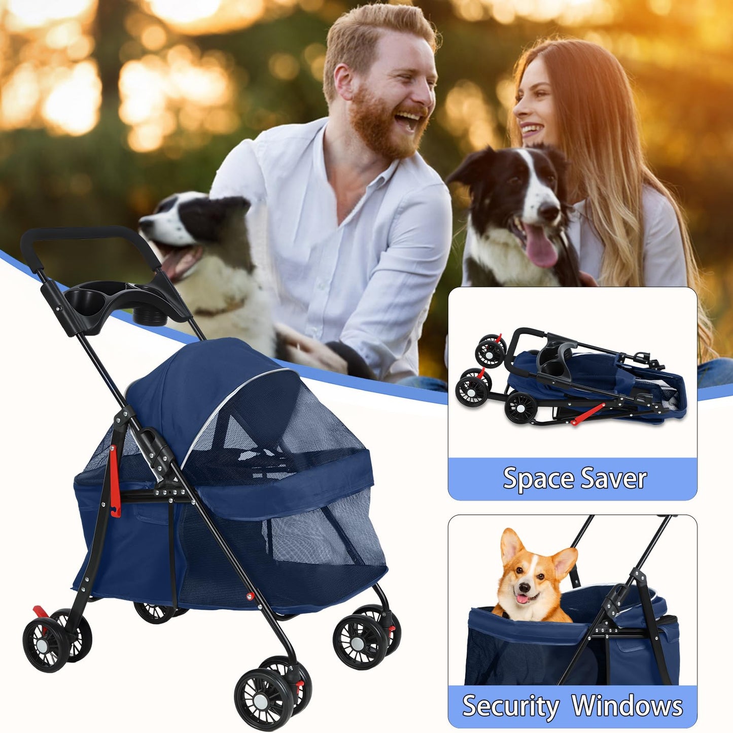 sxvbdway 4 Wheels Pet Stroller for Medium Small Dog up to 50lbs, Dog Cat Stroller, Outdoor Travel Pet Folding Strollers, Cat Cage Strollers with Cup Holder, Breathable and Visible Mesh (1 Set-Blue)