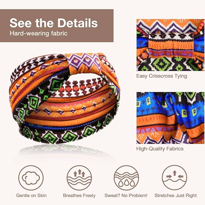 Awumbuk Wide Headbands for Women Knotted No Slip Head Bands Soft Turban Headband Hair Accessories Boho African Solid Color Head Wraps for Women Yoga Workout Pack of 6 (Retro)