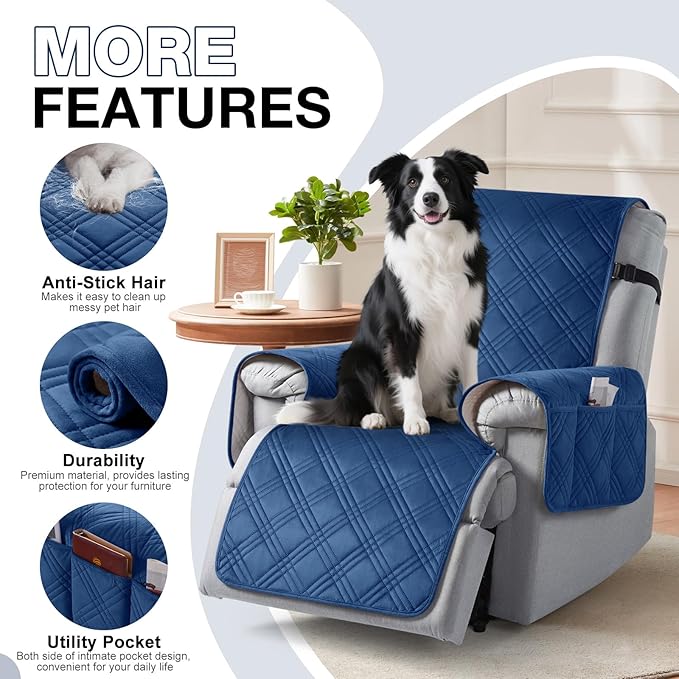 TAOCOCO 100% Waterproof Recliner Chair Cover, Recliner Covers for Recliner Chair with Pocket, Non Slip Reclining Chair Cover Furniture Protector for Kids, Pets(30'', Dark Blue-Velvet)
