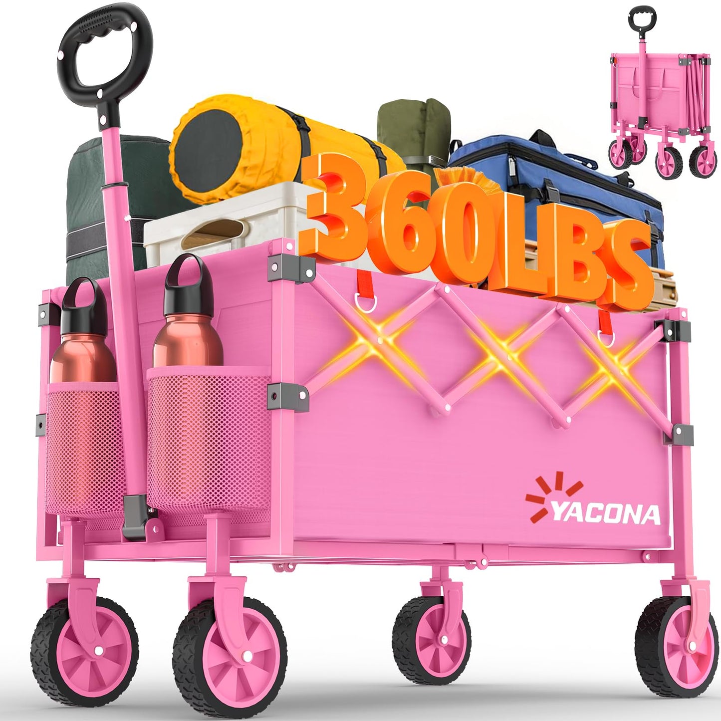 Yozoia Wagons Carts Foldable, Lightweight Portable Utility Shopping Cart with Wheels, Folding Grocery Wagon Cart for Grocery, Camping, Shopping, Beach, Garden, Sports Pink