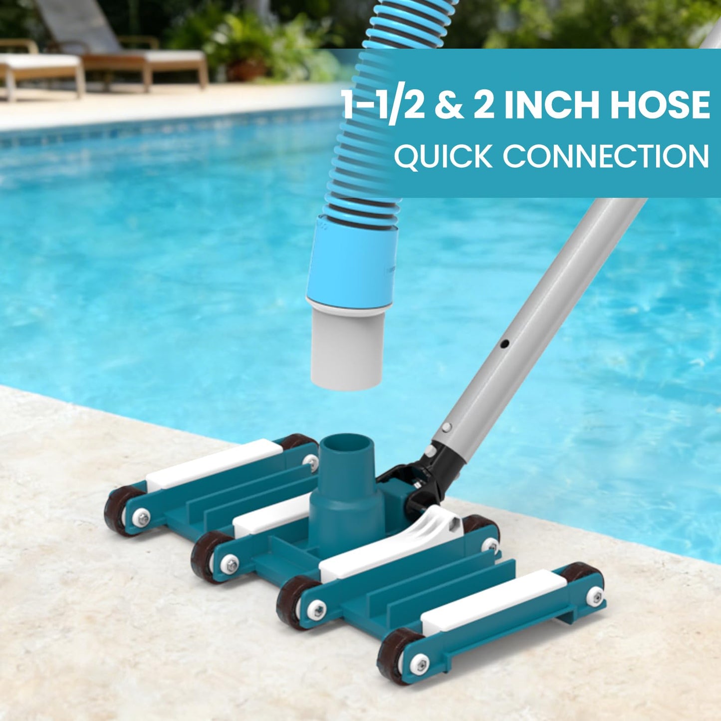 POOLWHALE 14" Flexible Pool Vacuum Head with Wheels, Swivel Direction-Control Handle for Inground & Above Ground Pools Clean Remove Debris