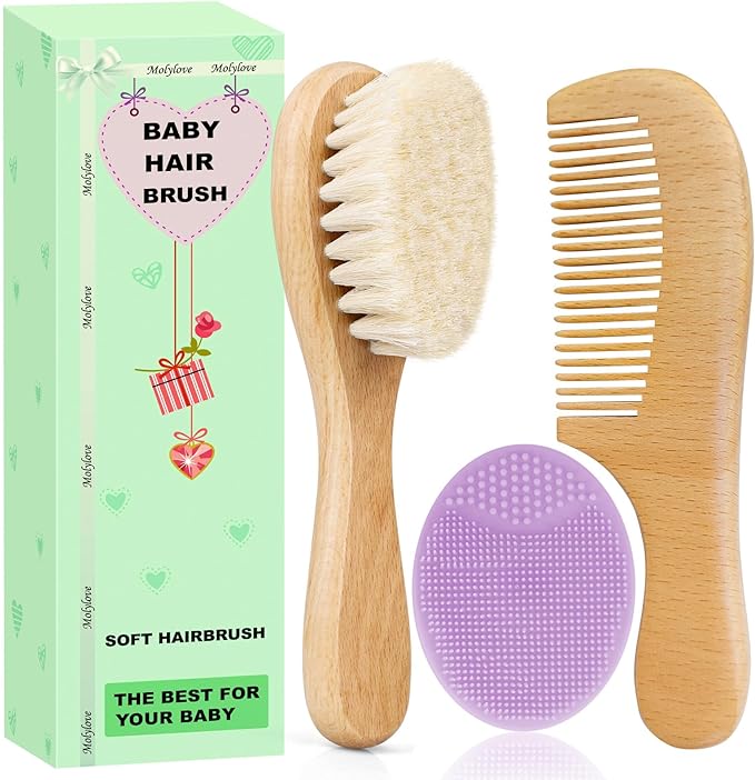 Baby Hair Brush and Comb Set for Newborns & Toddlers | Wooden Baby Brush Set with Soft Goat Bristles l Wood Comb l Purple Cradle Cap Brush| Ideal for Cradle Cap (3 Piece)