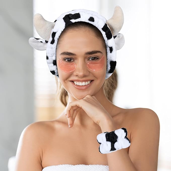 Plush Wash Face Headband Cow Print Spa Wrist Band Cuffs Hair Scrunchy Women Girls Facial Makeup Skincare Bath Head Wrap Kids Costume Party Supply Birthday Gift