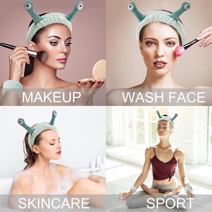SuPoo 3pcs Snail Face Wash Headband and Wristband Set, Green, Puffy Microfiber Fleece Material, Cute Wrist Towels, for Spa, Sports, Yoga, Face-Washing, Makeup and Shower