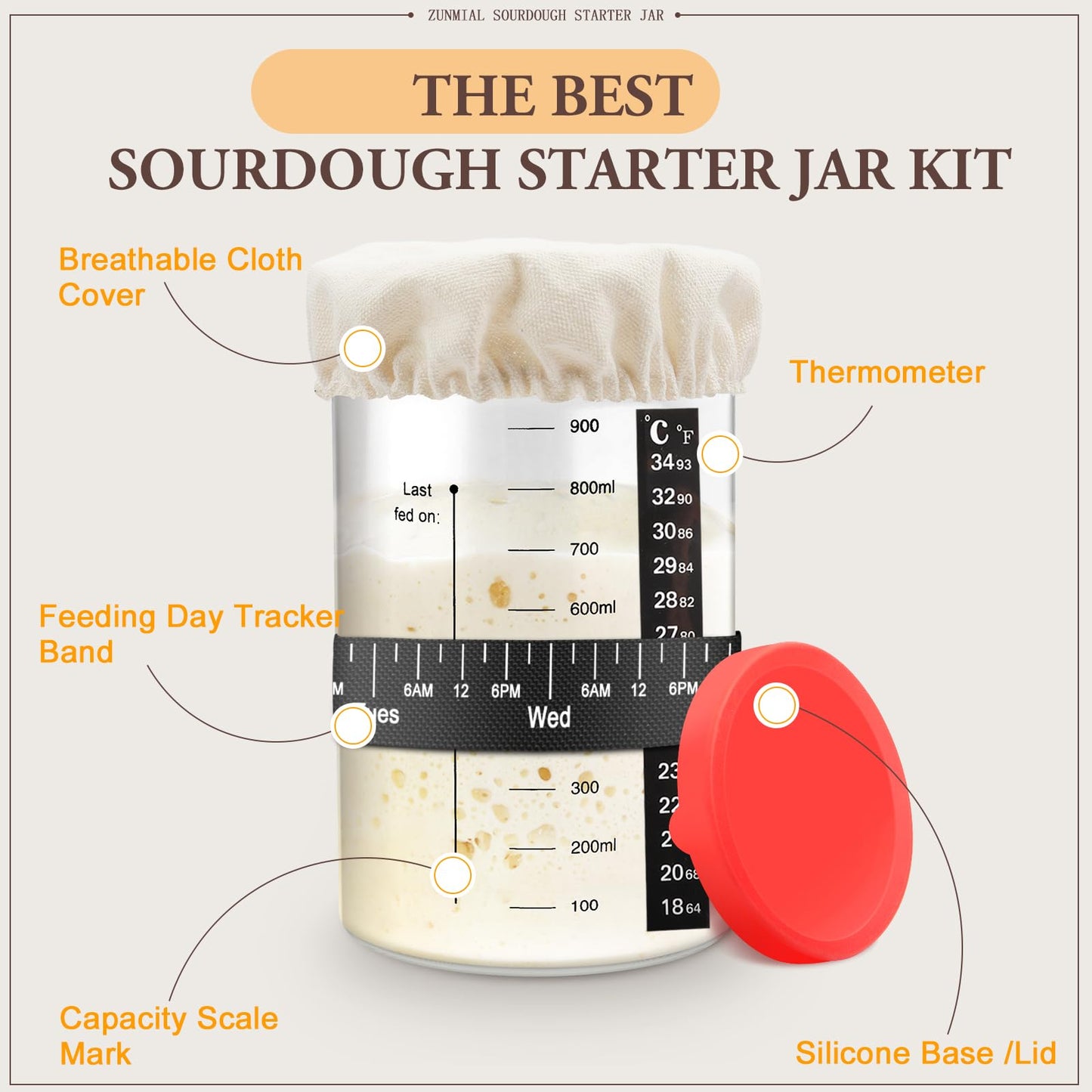 zunmial Sourdough Starter Jar, 35OZ Glass Sourdough Jars Wide Mouth With Red Silicone Cap, Sourdough Starter Kit with Date Marked Feeding Band, Thermometer, Cloth Cover