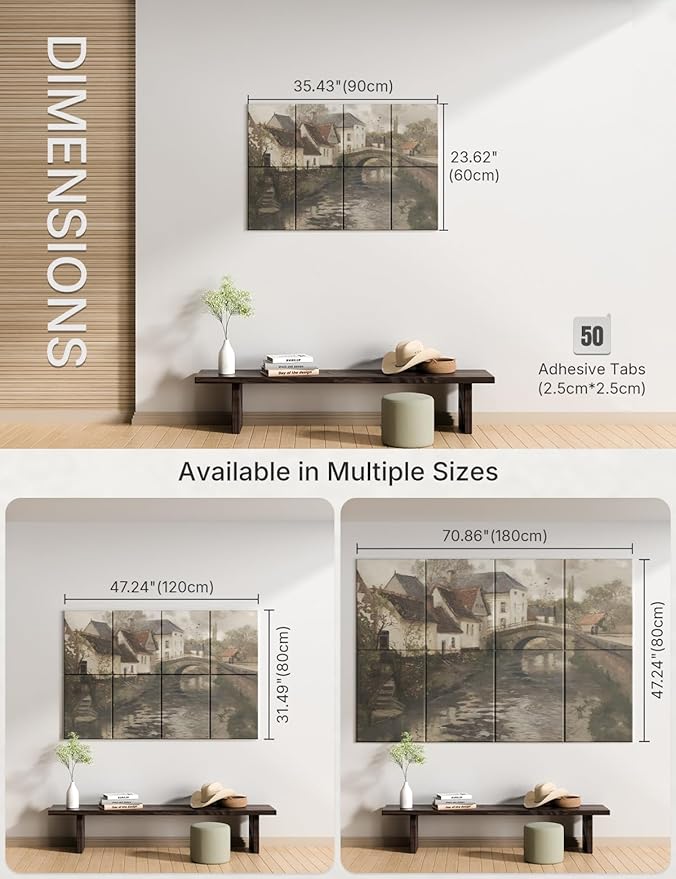 Wall Art Acoustic Panels,35''X24''Sound Absorbing Panels-8-Pack with 50 Adhesive Tabs, Decorative Sound Absorbing Panels for Living Room and Recording Studio, Offices-Small Town Near La Panne