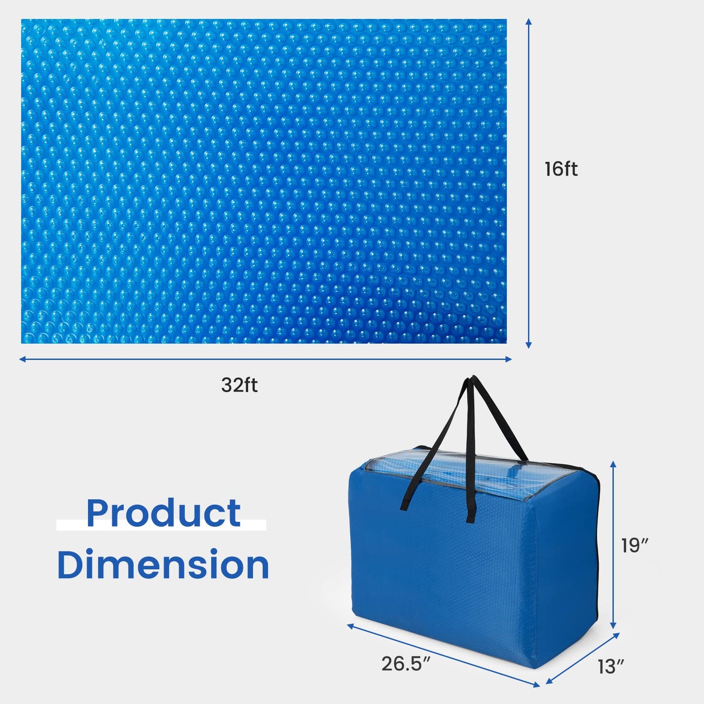 Goplus Pool Cover, 16 x 32 FT Solar Blanket 12 Mil with Carrying Bag for In-Ground and Above-Ground Swimming Pools, Rectangle Hot Tub SPA Thermal Blanket, Blue Bubble