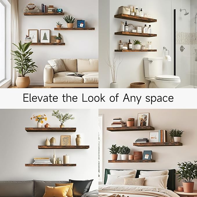 BAYKA Floating Shelves for Wall, Set of 3, 36 Inches Wall Mounted Wood Shelves for Bathroom, Bedroom, Living Room or Kitchen, Hanging Shelf for Books/Storage/Decor with 30lbs Capacity, Rustic Brown