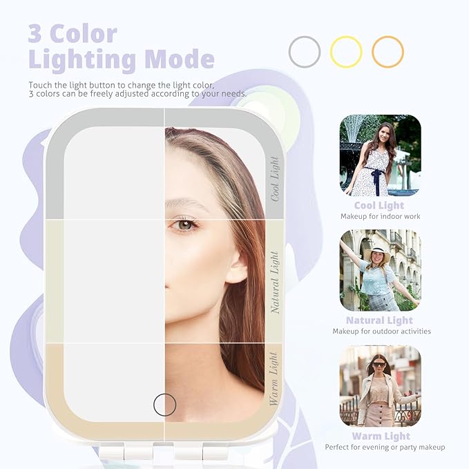 Travel Makeup Mirror, Portable Mirror with 3 Adjustable Light Settings, USB-Rechargeable Vanity Mirror with Lights，Gift for Women and Girls