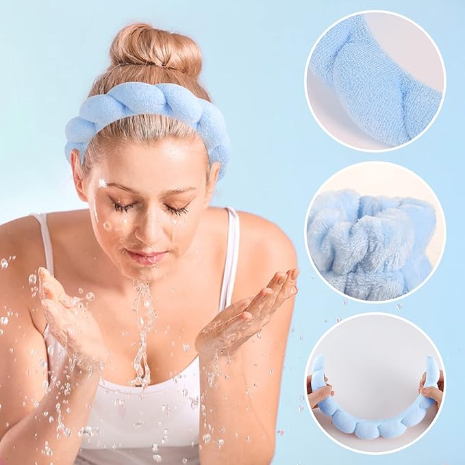 WSICSE Sponge Spa Headband for Washing Face, Blue Skincare Headband and Wrist Washband Set Makeup Hairband for Girls Womens