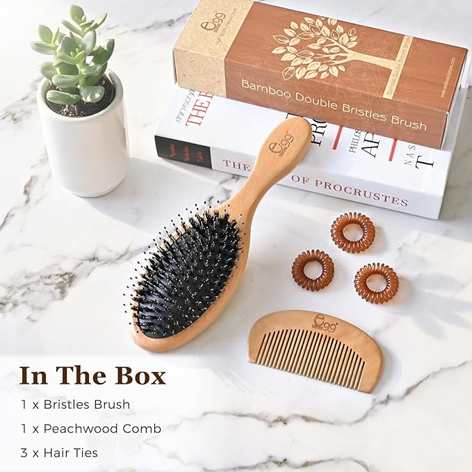 BLACK EGG Boar Bristle Brush for Wet/Dry Hair - Smoothing, Massaging, Detangling, Reduce Frizz, Restore Shine - Bamboo Brush for Women, Men, Kids