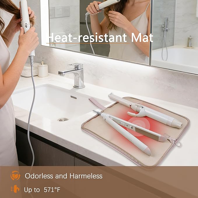 Hair Tool Organizer Heat Resistant Mat for Flat Iron Case Hot Tools Curling Iron Holder Hair Tools Travel Bag for Straightener Brush Pad Pouch Hairstylist Essentials (Pink)