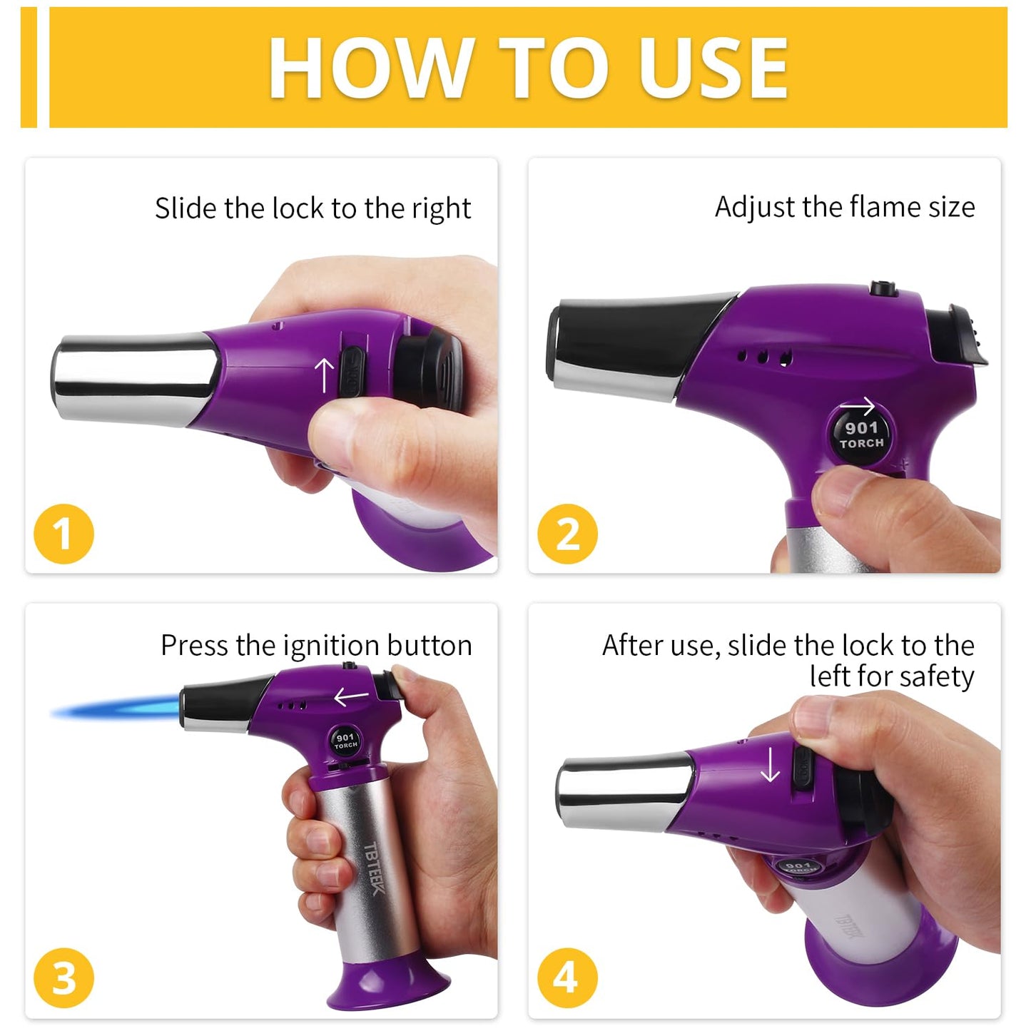 TBTEEK Butane Torch T901, Kitchen Torch Cooking Torch with Safety Lock & Adjustable Flame for Cooking, BBQ, Baking, Brulee, Creme, DIY Soldering(Butane Not Included), Purple