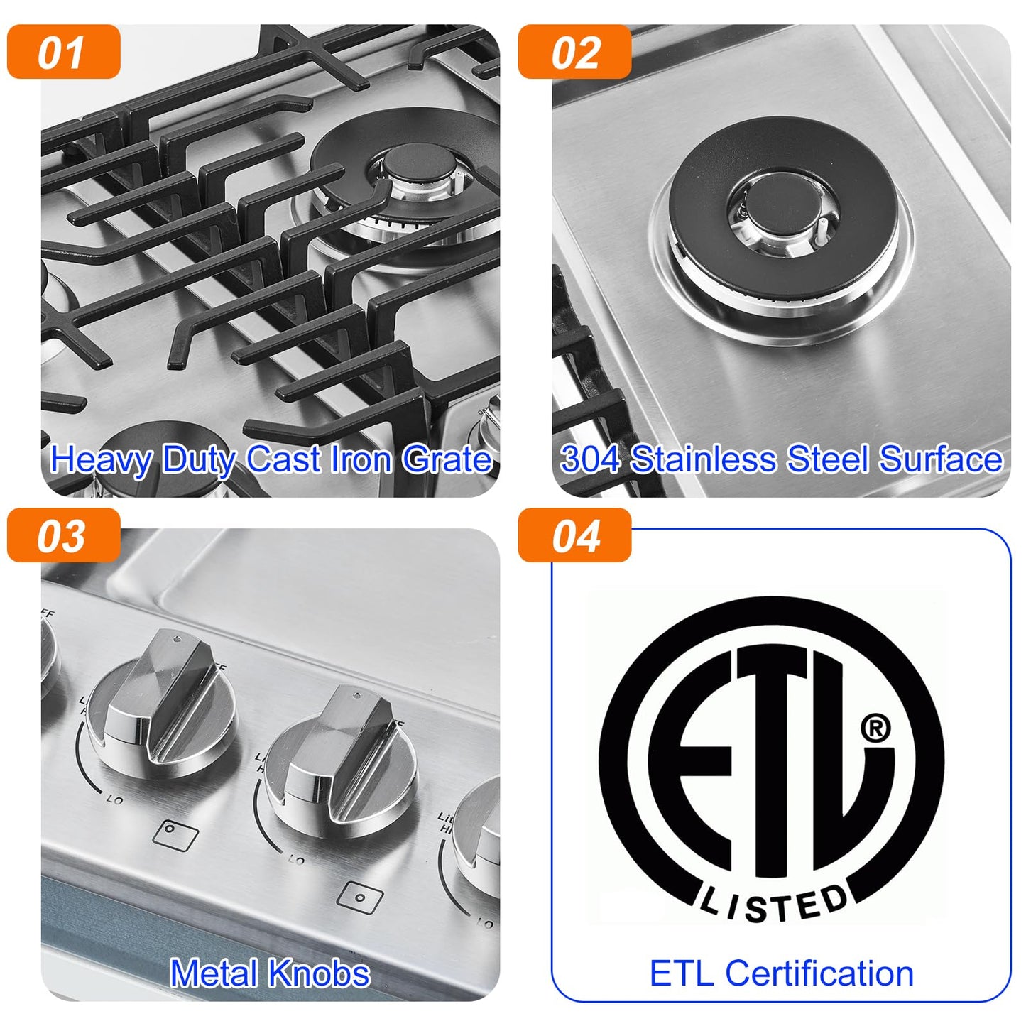 AMZCHEF 36 inch Gas Cooktop with 5 Made in Italy SABAF Power Burners.Max 48300 BTU/hr Built-in Gas Stove top of 304 Stainless steel,NG/LPG Convertible,ETL.
