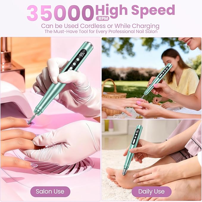 Cordless Nail Drill 35000RPM, Portable Electric Nail File for Acrylic Gel Nails, Professional Manicure Pedicure Kit, Rechargeable efile Set for feet with LCD Display, Low Noise Low Vibration-Green
