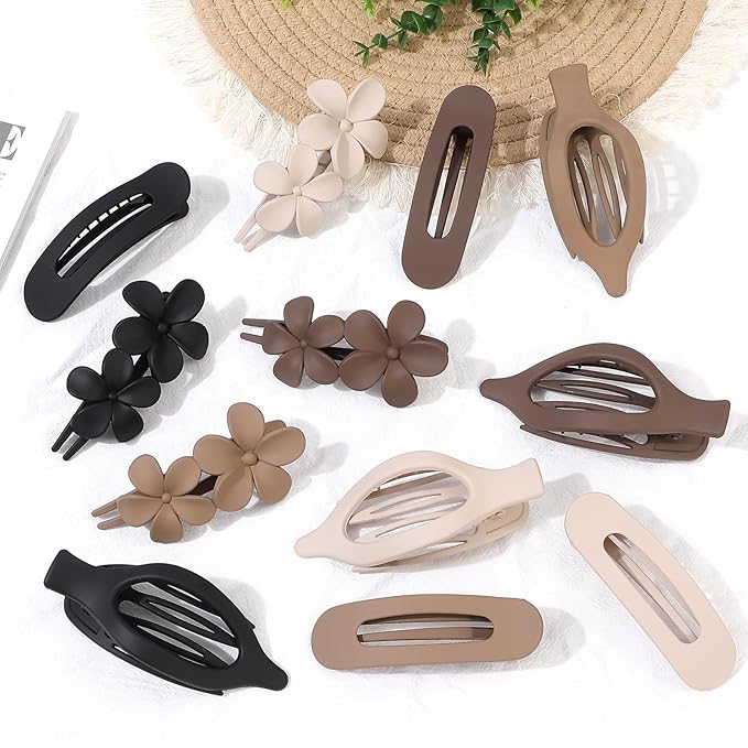 12 PCS Flat Hair Clips - 3 Styles Matte Flat Claw Clips Set Duckbill Barrettes for Women, No-Slip Strong Hold for Thin and Thick Hair, Hair Accessories for Girls Gift (Brown)