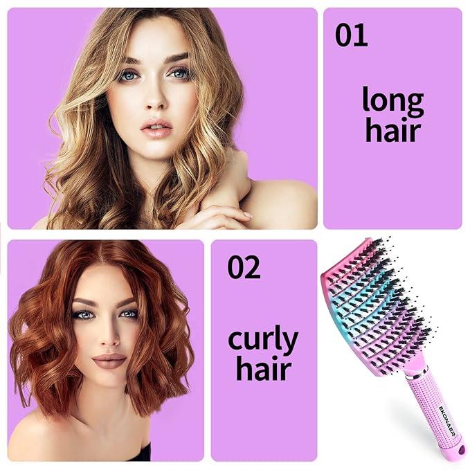 Detangling Brush Boar Bristles Hair Brush for Adult & Kids Wet or Dry Hair,Curved and Vented Detangler Brush - Adds Shine and Makes Hair Smooth(Pink)