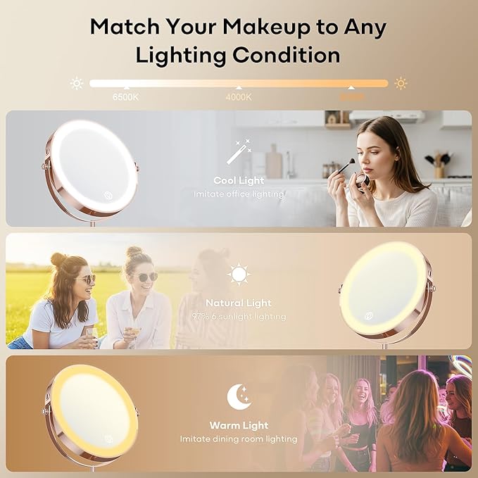 Makeup Mirror with Lights, 1x/20x 360ÃÂ° Rotation Vanity Mirror, Brightness Adjustable Lighted Makeup Mirror with Magnification, 5000 mAh Rechargeable Double Sided Mirror with 3 Colors, Gift for Women