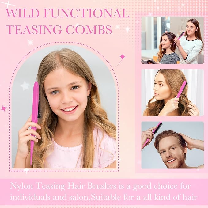 Yaomiao 6 Pcs Teasing Brush for Fine Hair Nylon Rat Tail Brush Set Women Three Row Salon Teasing Set for Back Combing, Root Hair Scalp Massage(Pink)