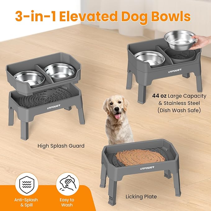 URPOWER 3-in-1 Elevated Dog Bowls - Mess Proof Double Deck 4 Height Adjustable Raised Stand with 2 Stainless Steel Food Bowls and Licking Plate for Small Medium & Large Dogs