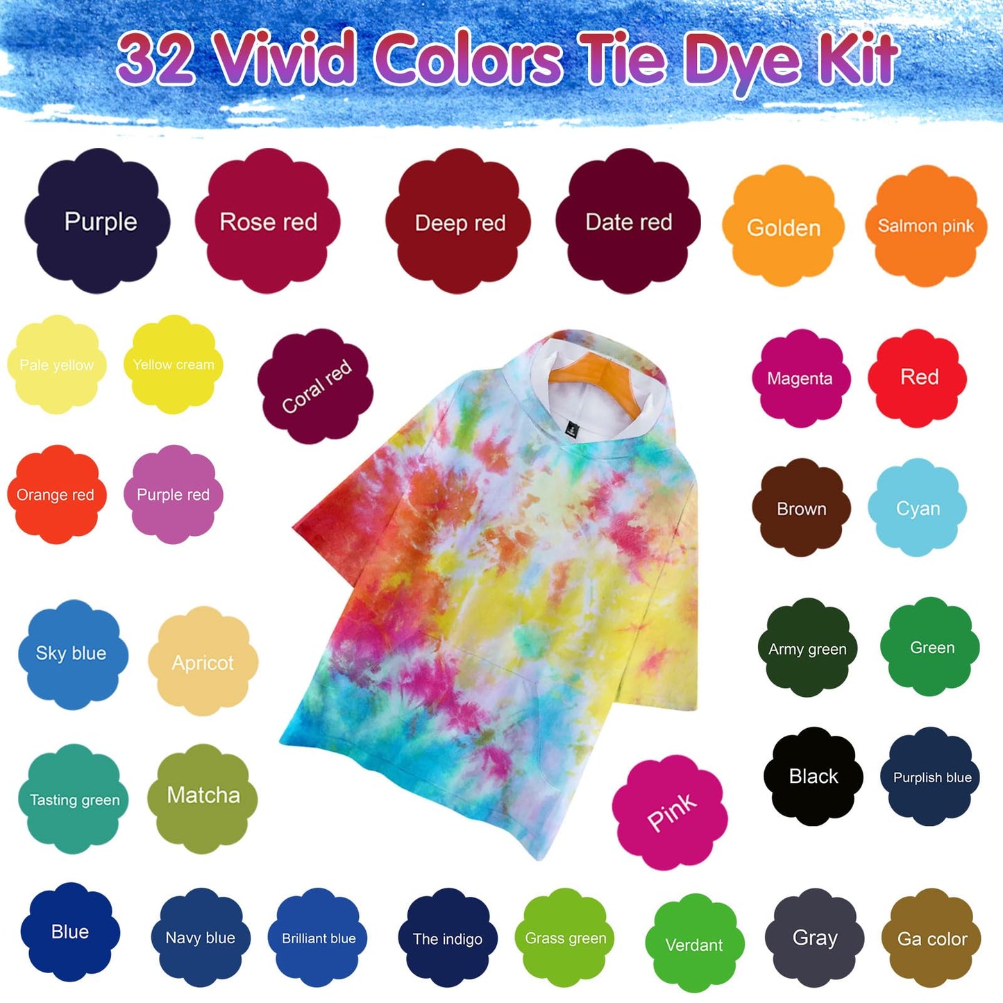 Tie Dye Kit 32 Color All-in-one Clothing Dye Kit, Permanent Fabric Dye for Kids, Adults, Large Group Handmade Party Activity, DIY Bright Neon Tye Dye Accessories