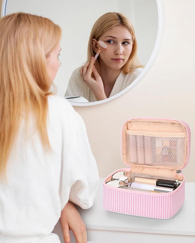 Relavel Travel Makeup Bag, Small Pink Cosmetic Bag with 2 Makeup Brush Holders, Portable Makeup Pouch for Women, Cute Toiletry Bag with Double Layer Organizer, Strip