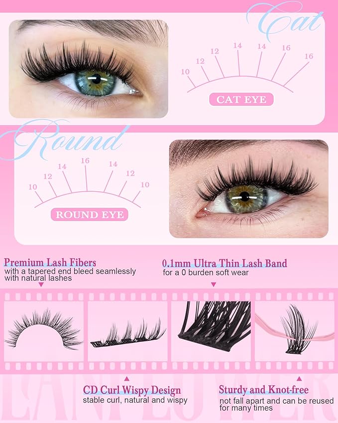 Wispy Lash Clusters Kit Natural Lash Extension Kit Manga Cluster Eyelash Extensions Kit CD Curly Eyelash Clusters Thin Band Individual Lashes Clusters by Lanflower